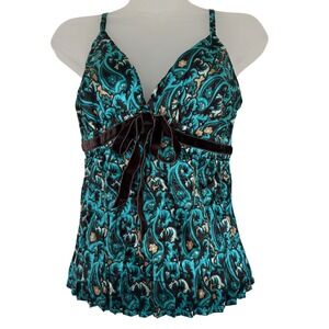 Moda International Teal Paisley Velvet Trim Camisole Babydoll Top Y2K Women XS